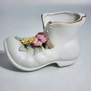 Boot Figurine Vase With Colorful Ceramic Hand Made Flowers Vintage Japan
